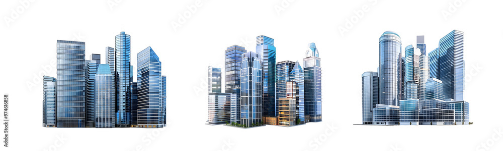Fototapeta premium Pack of Modern Glass Skyscrapers Cityscape Isolated on transparent background