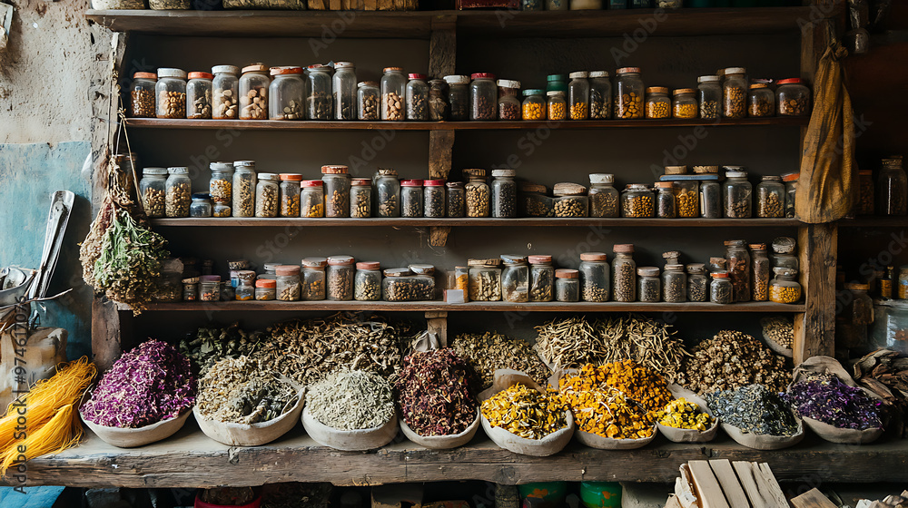 A traditional herbal medicine shop in the Himalayas, displaying various dried medicinal plants and herbs on shelves A traditional herbal medicine shop in the Himalayas, displaying various dried medicinal plants and herbs on shelves