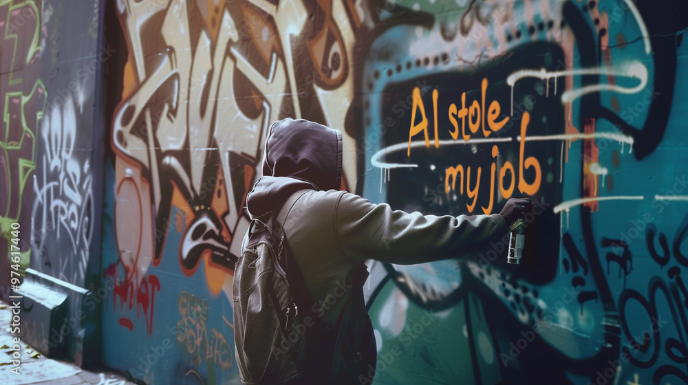Person spray-painting 'AI stole my job' amidst urban graffiti. Person spray-painting 'AI stole my job' amidst urban graffiti.