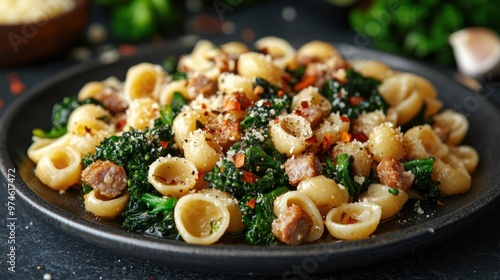 21. A close-up of a plate of orecchiette pasta, served with saut ed broccoli rabe, garlic, and spicy Italian sausage, topped with a sprinkle of Parmesan and red pepper flakes. photo