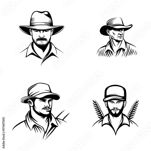 Farmer Portraits Vector Set Detailed Line Art Illustrations of Men in Hats and Caps
