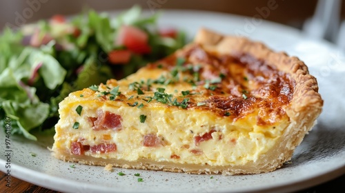 6. A close-up of a slice of quiche Lorraine, with a golden, flaky crust and a rich, creamy filling of eggs, bacon, and cheese, served with a side salad of mixed greens.
