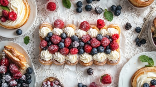 15. A top-down view of a French dessert spread featuring clairs, mille-feuille, and cr me br l e, arranged on a delicate lace tablecloth with fresh berries and powdered sugar scattered around. photo