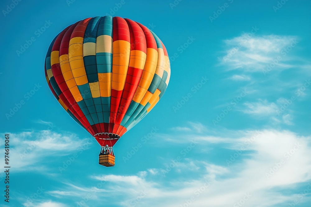 A colorful hot air balloon floating against a clear blue sky A colorful hot air balloon floating against a clear blue sky