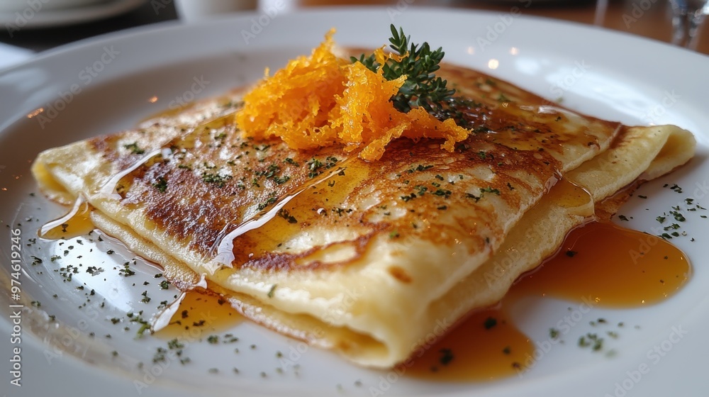 28. A traditional French cr pe Suzette, flamb ed with Grand Marnier, served with a drizzle of orange sauce and garnished with candied orange zest, the vibrant orange color contrasting against the