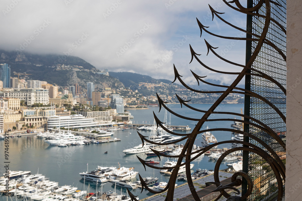 Details of the viewpoint railing with the port Hercule harbour in the ...