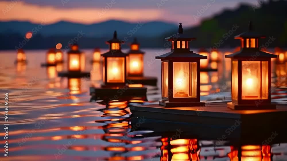 Lanterns floating on a lake at sunset, creating a warm and romantic ambiance. Lanterns floating on a lake at sunset, creating a warm and romantic ambiance.