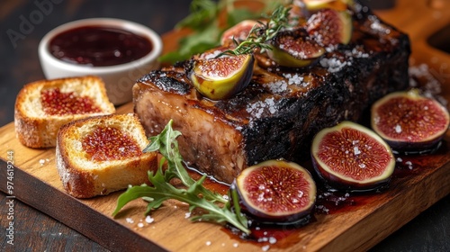 27. A beautifully presented plate of foie gras terrine, garnished with fresh figs and toasted brioche slices, served on a rustic wooden board with a side of fig jam and sea salt. photo