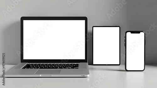 Laptop and smartphone, both with blank screens, set against a light background. Ideal for technology mockups, digital design, and marketing materials.