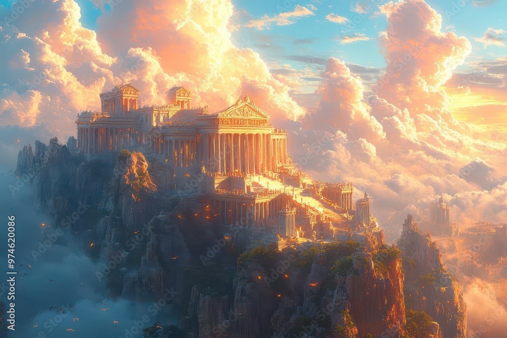fantastical palace atop mount olympus ethereal clouds majestic columns shimmering golden details mythical creatures otherworldly atmosphere