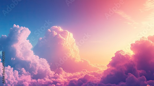 Soft watercolor sky with fluffy clouds in pastel hues.