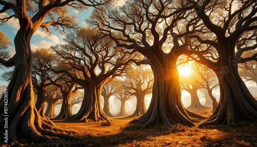 the world of books, Majestic Oak Trees Bathed in Sunlight