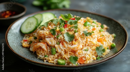 17. A vibrant plate of Thai crab fried rice, garnished with fresh cilantro, cucumber slices, and a wedge of lime, served with a side of fish sauce and chili, warm and golden tones.