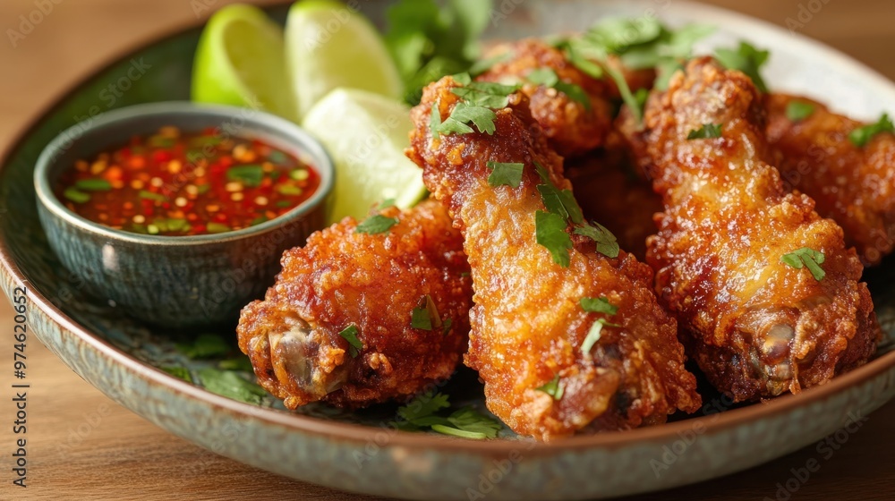 27. A close-up of a plate of Thai crispy fried chicken wings, served with a spicy dipping sauce and garnished with fresh herbs and lime wedges, the golden crispy skin glistening under the light. 27. A close-up of a plate of Thai crispy fried chicken wings, served with a spicy dipping sauce and garnished with fresh herbs and lime wedges, the golden crispy skin glistening under the light.