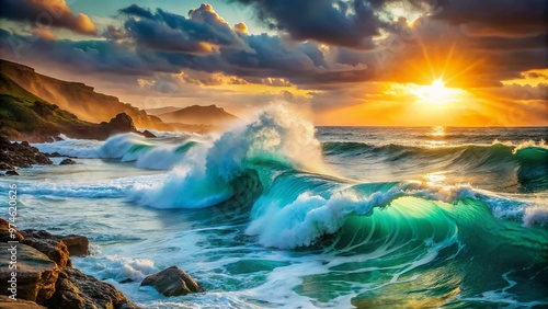 Powerful turquoise ocean waves crash against the rugged shoreline, sending foam flying in a mesmerizing dance, as the sun sets behind the misty horizon. photo