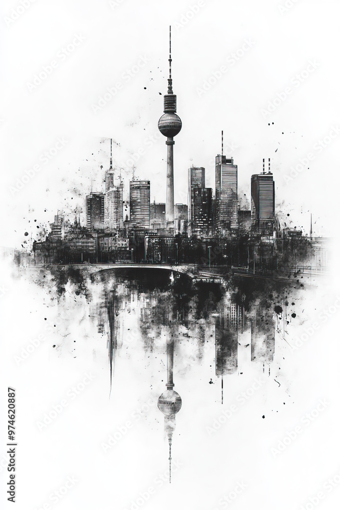 Naklejka premium Chemnitz, Germany, black and white pen pencil hand-drawn effect portrait drawing illustration for travel poster, card, wallpaper, backdrop or banner. Modern, clear, artistic and simple
