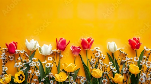 Spring Flowers on Yellow Background