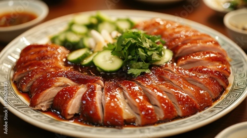 1. A beautifully arranged plate of Peking duck with crispy skin, thin slices of meat, served with hoisin sauce, thin pancakes, and fresh cucumber and scallions. photo