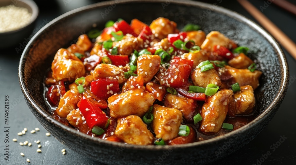 6. A beautifully presented bowl of kung pao chicken, featuring tender chicken pieces stir-fried with peanuts, bell peppers, and dried chilies, garnished with chopped scallions and sesame seeds. 6. A beautifully presented bowl of kung pao chicken, featuring tender chicken pieces stir-fried with peanuts, bell peppers, and dried chilies, garnished with chopped scallions and sesame seeds.