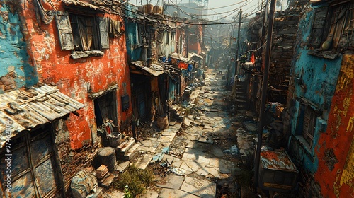 Tight alleyways in a rundown slum neighborhood, with uneven pathways and damaged homes. The realistic 3D art draws attention to the harsh living conditions photo