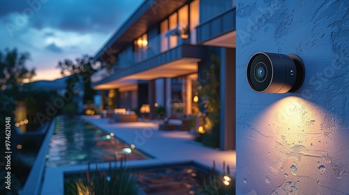 Modern security camera mounted on the wall of a luxurious home with a swimming pool.