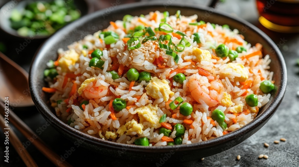 9. A close-up of a bowl of fried rice, featuring fluffy rice stir-fried with eggs, peas, carrots, and small pieces of shrimp, garnished with green onions and sesame oil. 9. A close-up of a bowl of fried rice, featuring fluffy rice stir-fried with eggs, peas, carrots, and small pieces of shrimp, garnished with green onions and sesame oil.