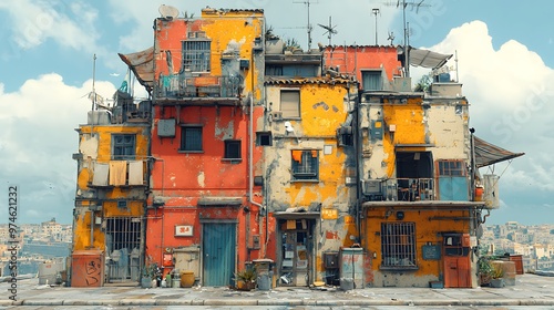 Narrow street corner in an old slum, with stacked houses towering over narrow sidewalks. The 3D art emphasizes the confined space and overcrowded conditions