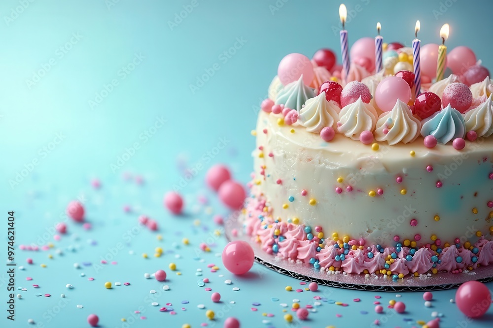 festive birthday party scene with colorful balloons sparkling confetti and decorated cake cheerful pastel blue background sets a joyful mood for celebration festive birthday party scene with colorful balloons sparkling confetti and decorated cake cheerful pastel blue background sets a joyful mood for celebration