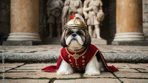 stock photography shihtzu with a roman soldier costume