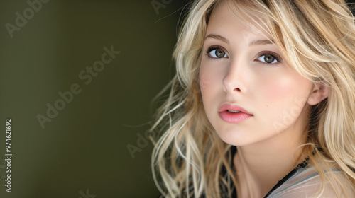 Blonde woman with a contemplative expression in a natural setting.