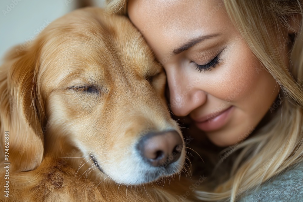 A woman is hugging a dog with her face showing. The dog is brown and has a relaxed expression A woman is hugging a dog with her face showing. The dog is brown and has a relaxed expression