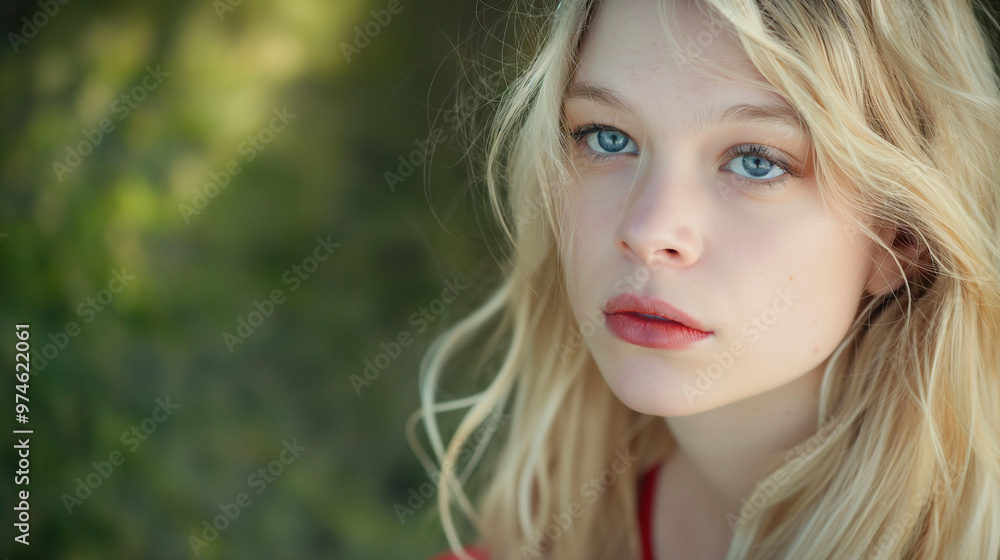 Blonde woman with a contemplative expression in a natural setting. Blonde woman with a contemplative expression in a natural setting.