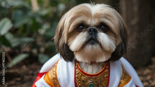 stock photography shihtzu with agreek godgoddess costume photo