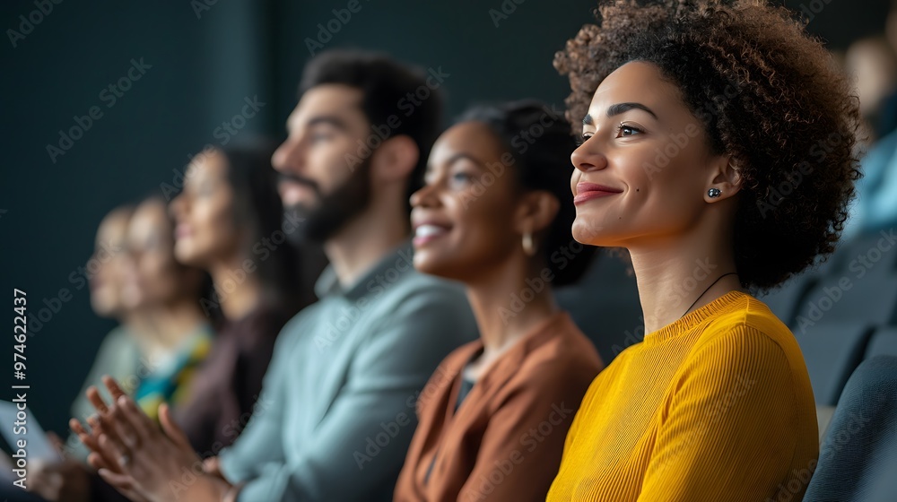 Fototapeta premium Young Woman with Curly Hair Listening Attentively in a Group Setting