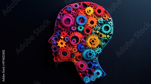 Abstract shapes forming a human head filled with gears, representing creative business thinking, vibrant colors, professional composition  photo