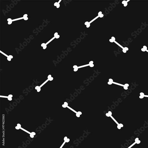 Cartoon vector bones seamless pattern with white bones on black background.
