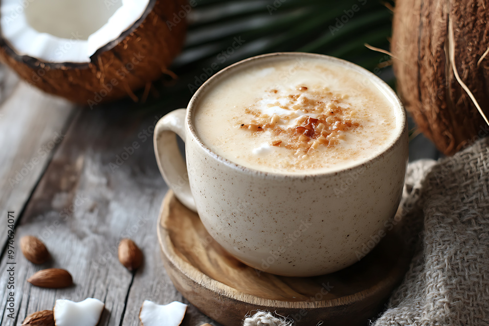 Creamy coconut latte that combines the warmth of autumn with tropical summer flavors, creating a comforting, refreshing drink. Creamy coconut latte that combines the warmth of autumn with tropical summer flavors, creating a comforting, refreshing drink.