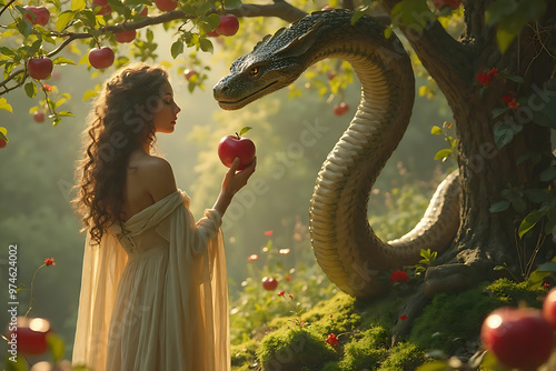 Eve in the garden of Eden, naked, next to ancient snake, holding a red whole apple on hand. young girl picked the forbidden fruit from the tree of knowledge of good and evil. Eva Serpent and Apple.