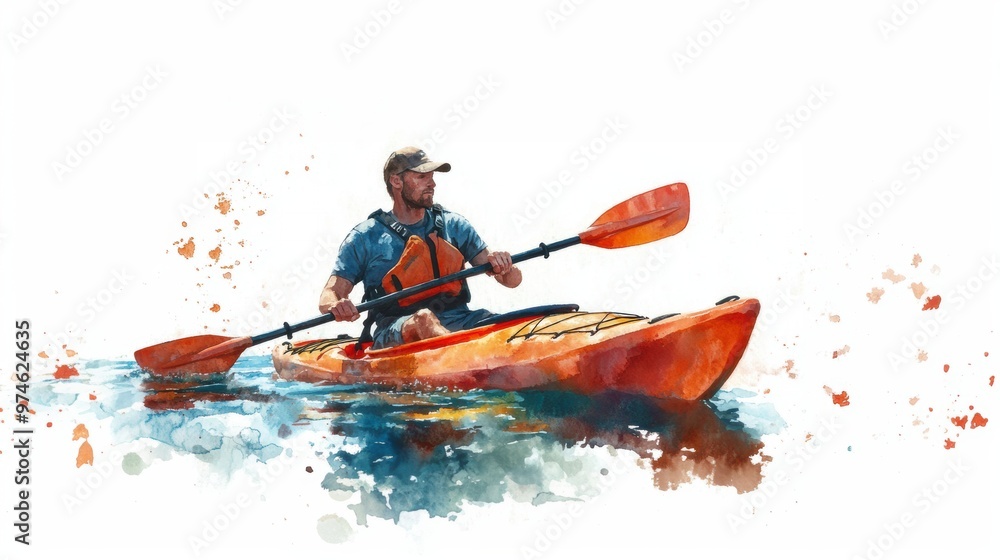 Fototapeta premium A kayaker rafting struggling with water splashes in boat in rapid river in mountain