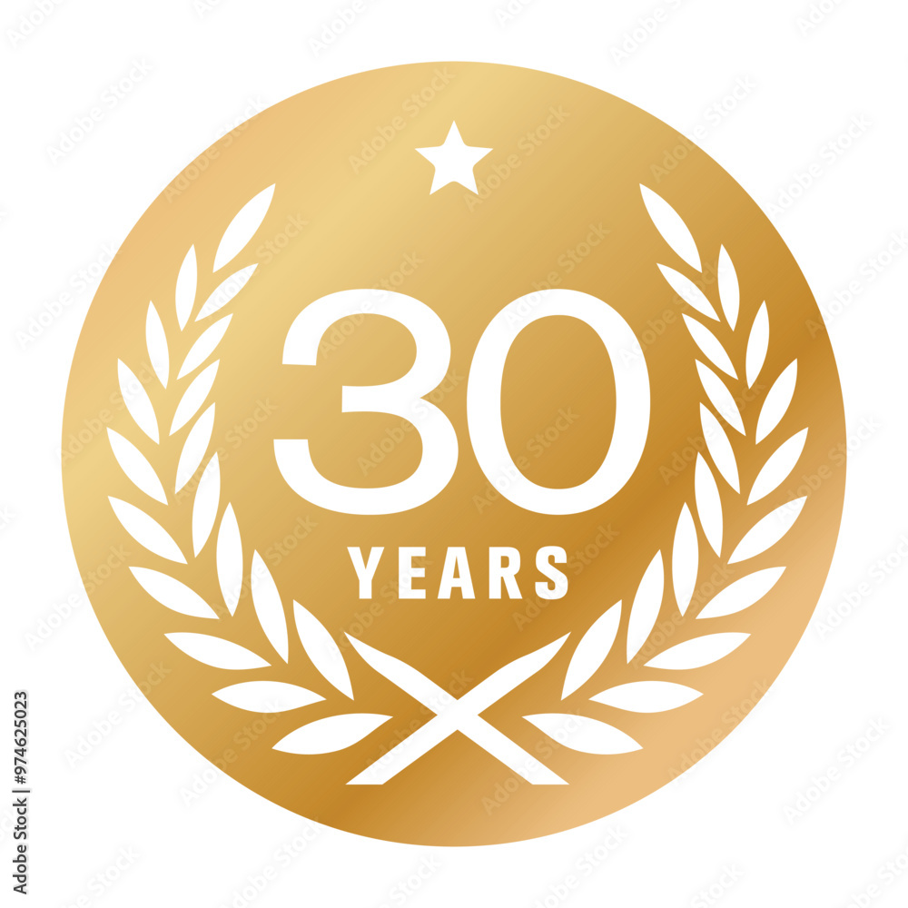 30 years anniversary vector logo, icon. Graphic element with golden color medal for 30th anniversary greeting card 30 years anniversary vector logo, icon. Graphic element with golden color medal for 30th anniversary greeting card