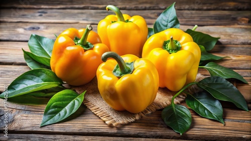 Ripened yellow bell peppers sit atop a rustic wooden table, surrounded by lush green leaves, highlighting their vibrant color and seasonal freshness. photo