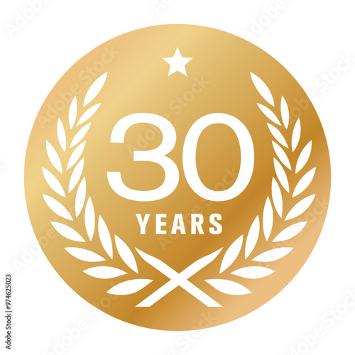 30 years anniversary vector logo, icon. Graphic element with golden color medal for 30th anniversary greeting card