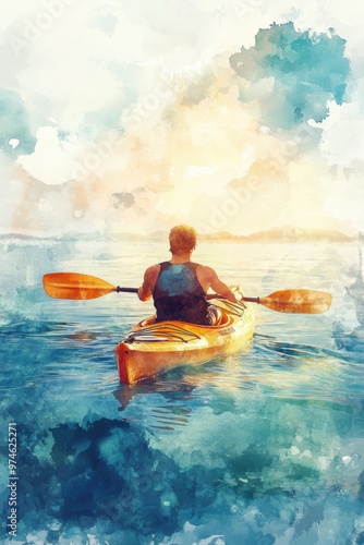 Watercolor painting of a man kayaking in water photo