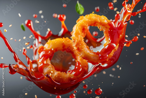 Onion rings floating on the air with tomato ketchup splashing, decorated with bacon peppermint potato lemon garlic and shallots, Hyper-realistic style, Generative AI