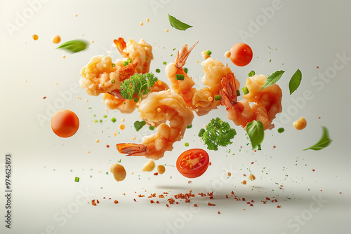 Tempura shrimp floating on the air with tomato ketchup splashing, decorated with bacon peppermint potato lemon garlic and shallots, Hyper-realistic style, Generative AI photo