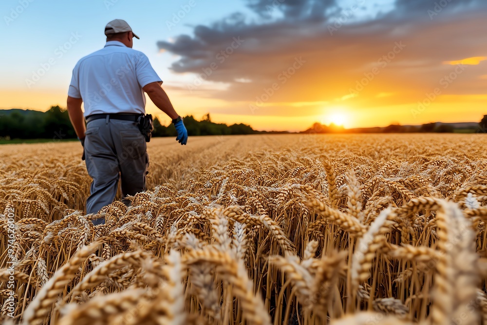 A farmer walking through his wheat fields, inspecting the crops as the sun sets in the distance A farmer walking through his wheat fields, inspecting the crops as the sun sets in the distance