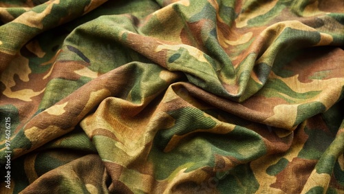 Rugged, worn, vintage-inspired Vietnam-era camouflage fabric with muted green and brown hues, evoking a sense of ruggedness and military authenticity. photo