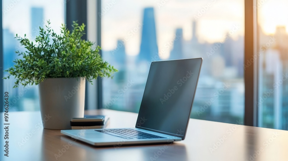 Laptop on Desk with City View. Laptop on Desk with City View.