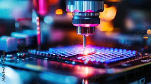 Close-up view of an automated soldering process on a microchip, featuring precision equipment under vibrant lighting. 