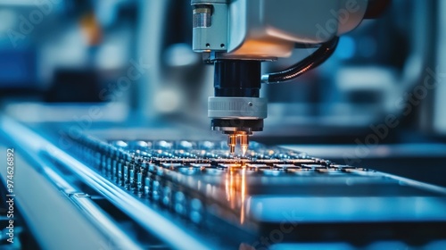 A detailed view of a high-precision industrial machine used for microfabrication, focusing on its laser working on a grid of small components. The advanced equipment is set in cutting-edge laboratory. photo